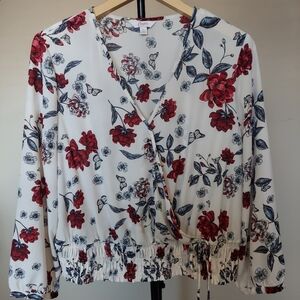 Candie's Women Size L White / Cream Floral Faux Wrap Chiffon Blouse  Red Black